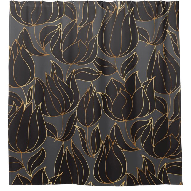 Luxury black and gold tulip floral seamless patter shower curtain (Front)