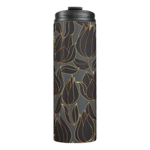 Luxury black and gold tulip floral seamless patter thermal tumbler