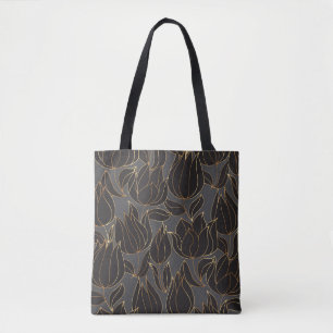 Luxury black and gold tulip floral seamless patter tote bag