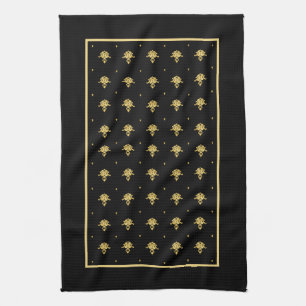 Luxury Black and Gold Vintage Damask Pattern Tea Towel