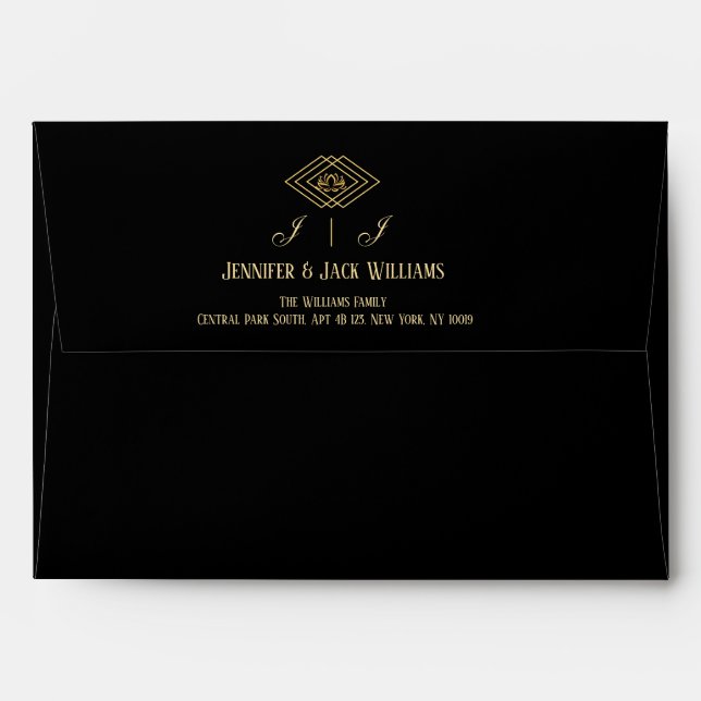 Luxury Black and Gold Wedding Envelope with Wildfl (Back (Top Flap))