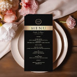 Luxury Black and Gold Wedding Menu<br><div class="desc">Make a bold statement with this modern, minimalist black and gold wedding menu. Featuring luxurious gold accents, sleek design, and simple modern calligraphy, with a personalised monogram at the top, this menu exudes elegance and sophistication. The perfect choice for couples looking for a chic, contemporary touch to their special day....</div>