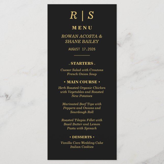 Luxury Black and Gold Wedding Menu Card (Front)