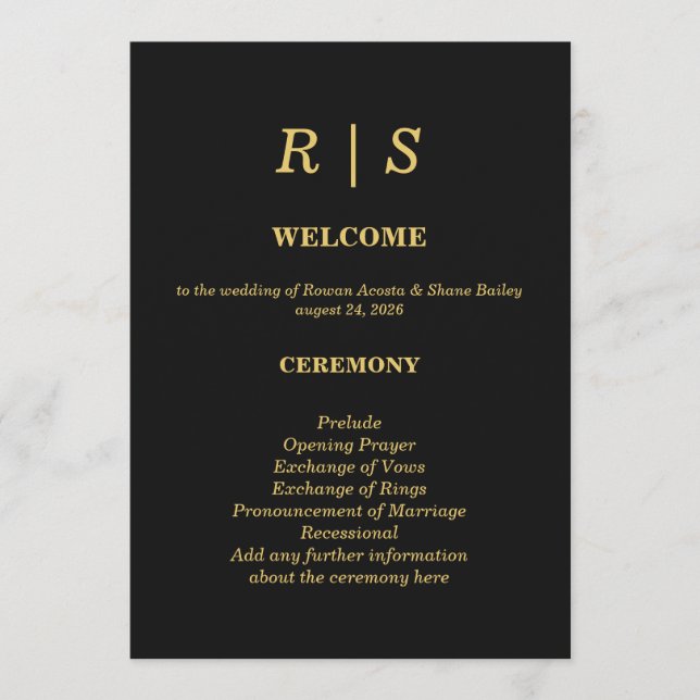 Luxury Black and Gold Wedding Program Card (Front)