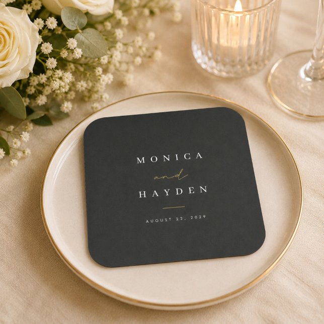Luxury Black and Gold Wedding Reception Square Paper Coaster (Creator Uploaded)