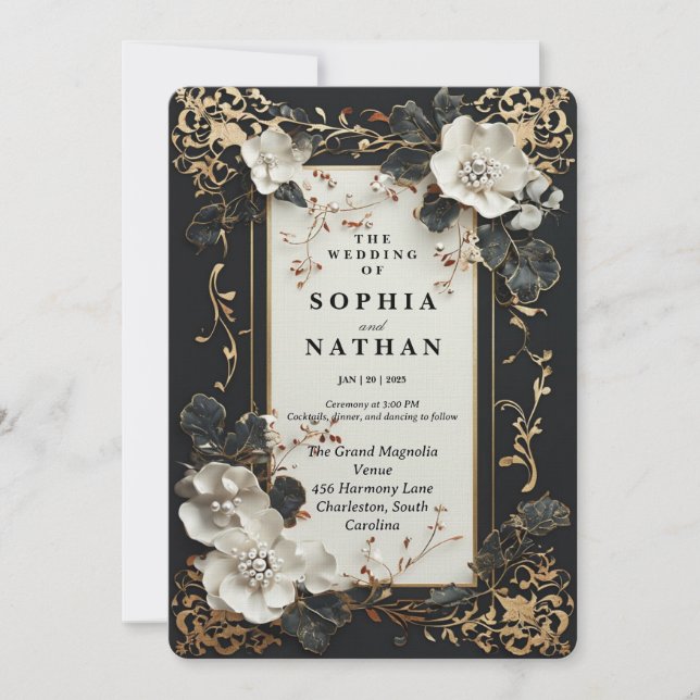 Luxury Black and Gold with Elegant Floral Design Invitation (Front)