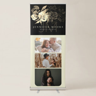 Luxury Black and Golden Floral 3 Photos Monogram Retractable Banner