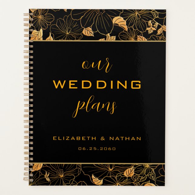 Luxury Black and Golden Floral Pattern Wedding Planner (Front)