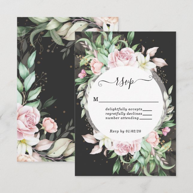 Luxury Black and Pink Floral Wedding RSVP Card (Front/Back)