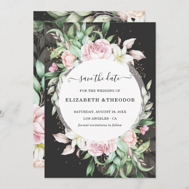 Luxury Black and Pink Floral Wedding Save The Date (Front/Back)