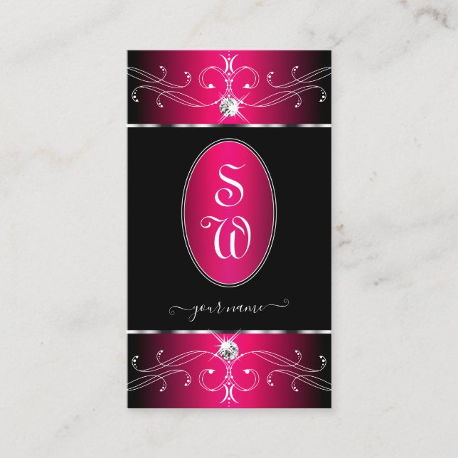 Luxury Black and Pink Ornate Ornaments Initials Business Card (Front)