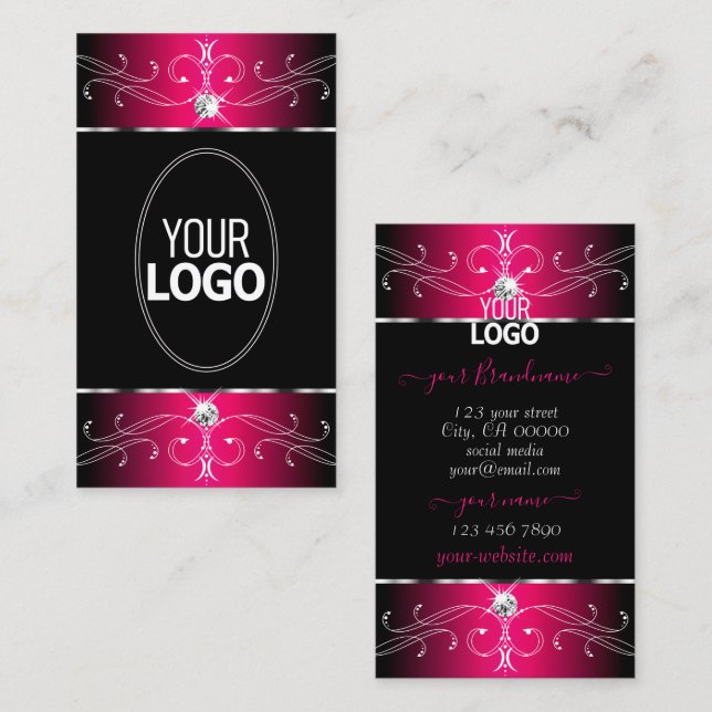 Luxury Black and Pink Ornate Ornaments with Logo Business Card (Front/Back)