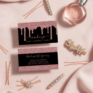 Luxury Black and Rose Gold Sparkle Glitter Drips Business Card