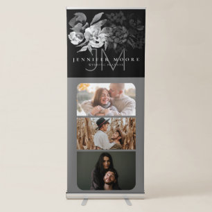 Luxury Black and Silver Floral 3 Photos Monogram Retractable Banner