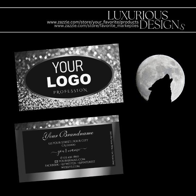 Luxury Black and Silver Sparkle Glitter Add Logo Business Card (Creator Uploaded)