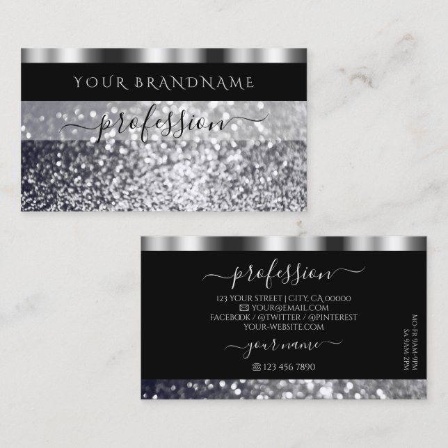 Luxury Black and Silver Sparkling Glitter Shimmery Business Card (Front/Back)