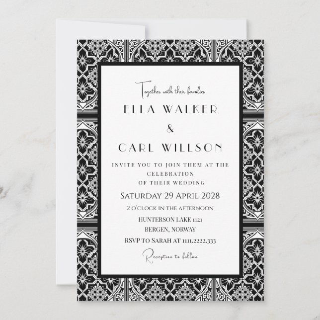 Luxury Black And White Gothic Tile Wedding Invitation (Front)