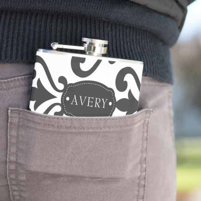 Luxury Black and White Personalised Hip Flask (In Situ)