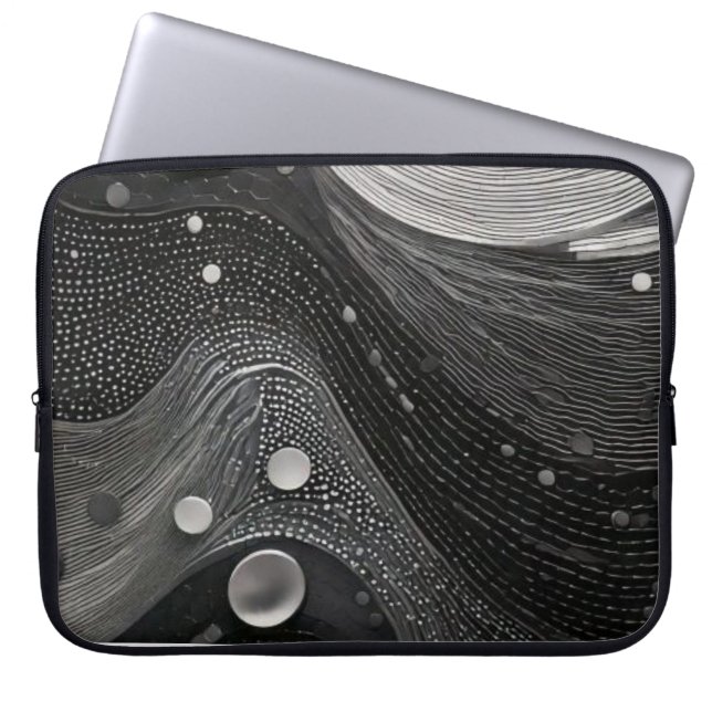 Luxury black and white waves laptop sleeve (Front)