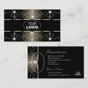 Luxury Black Beige Ornate Borders Logo and Photo Business Card