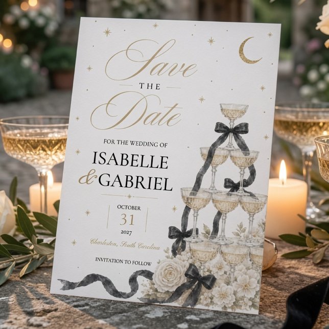 Luxury Black Bow Champagne Tower Save the Date  Invitation (Creator Uploaded)