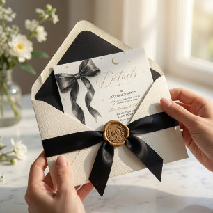 Luxury Black Bow Wedding Details Card Elegant