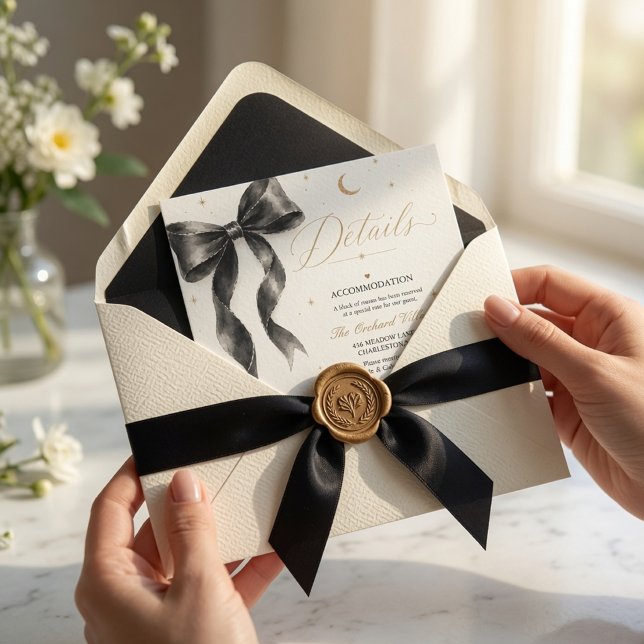 Luxury Black Bow Wedding Details Card Elegant  (Creator Uploaded)