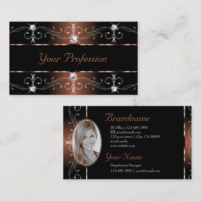 Luxury Black Brown Ornate Borders Jewels Add Photo Business Card (Front/Back)