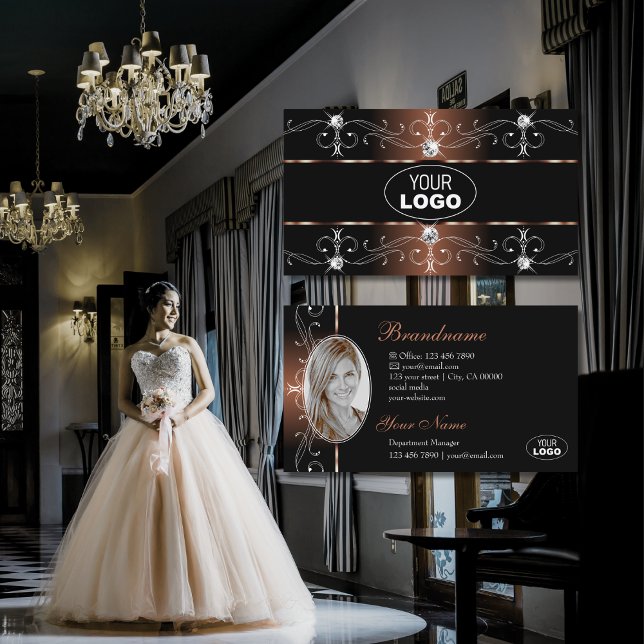 Luxury Black Brown Ornate Borders Logo and Photo Business Card (Creator Uploaded)
