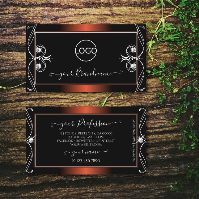 Luxury Black Copper Sparkle Jewels Add Logo Ornate Business Card (Creator Uploaded)