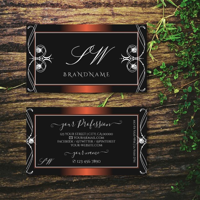 Luxury Black Copper Sparkle Jewels Monogram Ornate Business Card (Creator Uploaded)