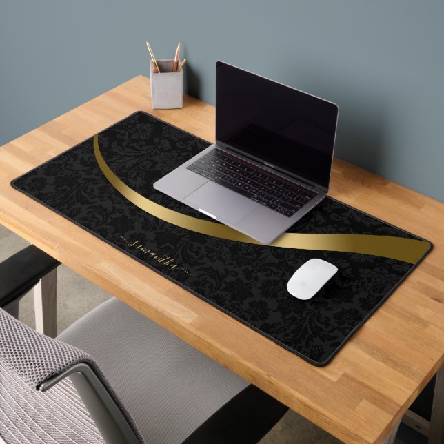 Luxury black damask gold stripe monogram desk mat (Office 2)