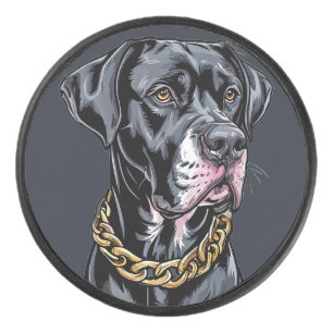 Luxury Black Dog With Gold Chain Hockey Puck