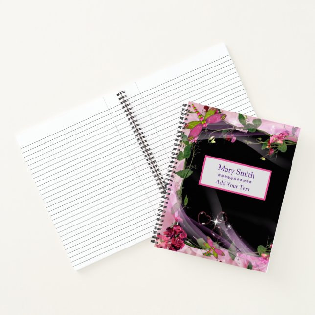 Luxury Black Elegant Floral Add Your Text Notebook (Inside)