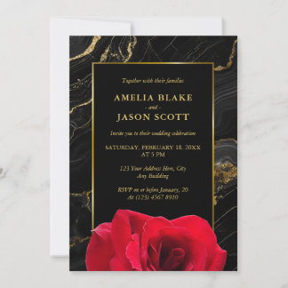 Luxury Black Elegant Gold Marble & Red Wedding Invitation