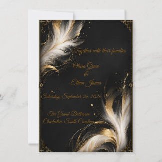 Luxury Black Gold Abstract Feather Wedding Invitation