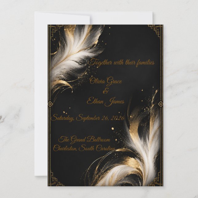 Luxury Black Gold Abstract Feather Wedding Invitation (Front)