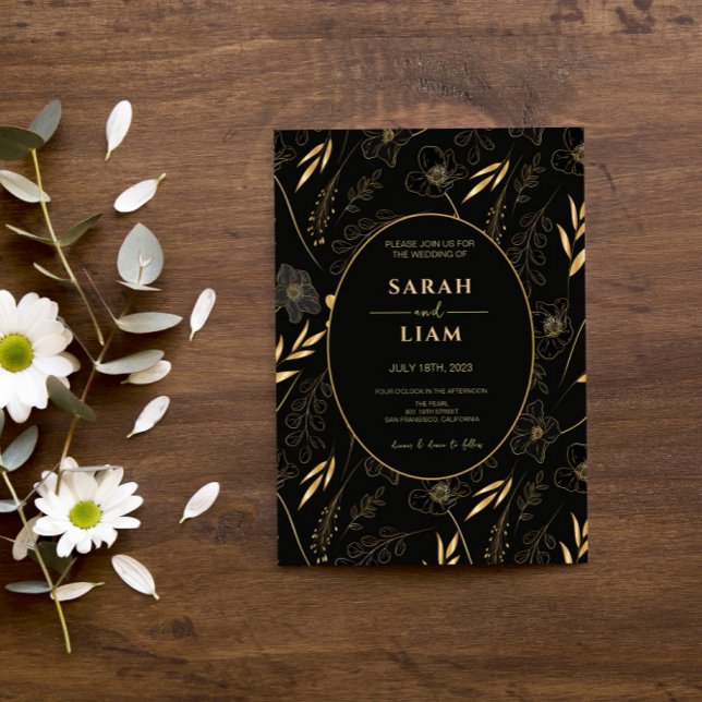 Luxury Black & Gold Anemone Wildflower Wedding Invitation (Creator Uploaded)