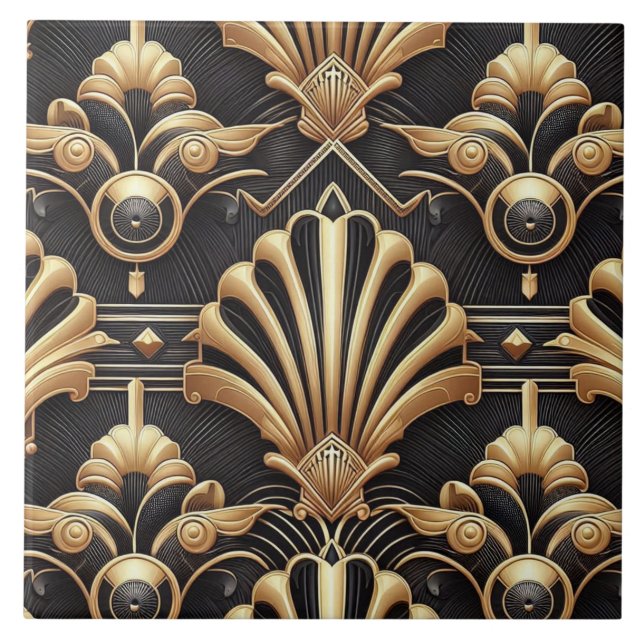 Luxury Black & Gold Art Deco Ceramic Tile  (Front)