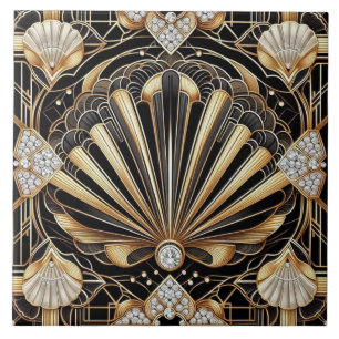 Luxury Black & Gold Art Deco Ceramic Tile 