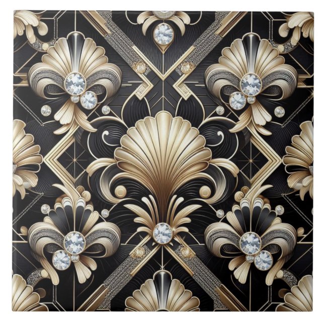 Luxury Black & Gold Art Deco Ceramic Tile  (Front)