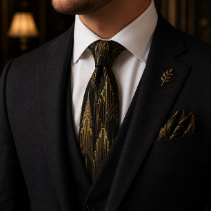 Luxury Black Gold Art Deco Skyline Gatsby Wedding Tie