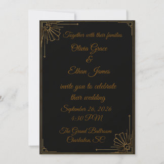 Luxury Black & Gold Art Deco Wedding Invitation