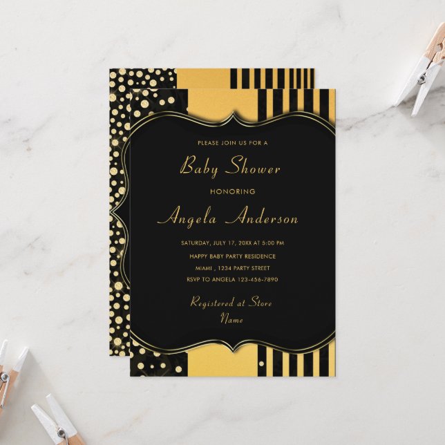 Luxury Black Gold Baby Girl Shower Invitation Card (Front/Back In Situ)