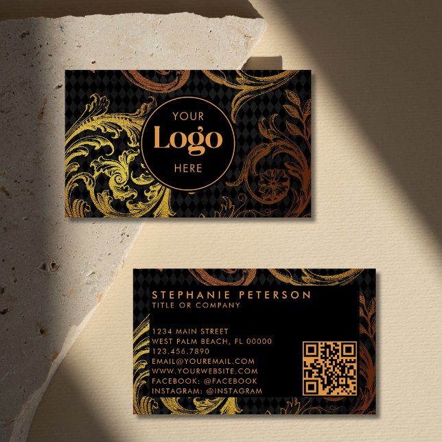 Luxury Black & Gold Baroque Custom Logo QR Code Business Card (Creator Uploaded)