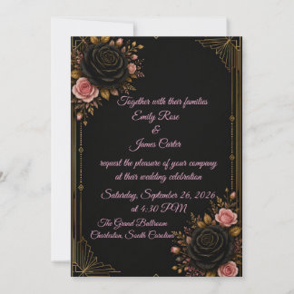 Luxury Black Gold & Blush Rose Wedding Invitation