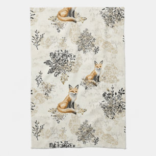 Luxury Black & Gold Botanical Fox Art (1) Tea Towel