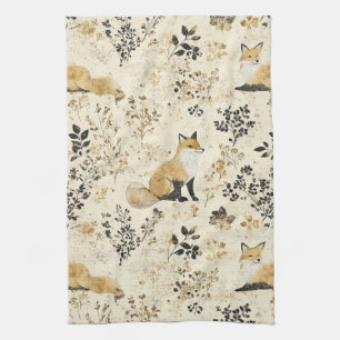 Luxury Black & Gold Botanical Fox Art (2) Tea Towel