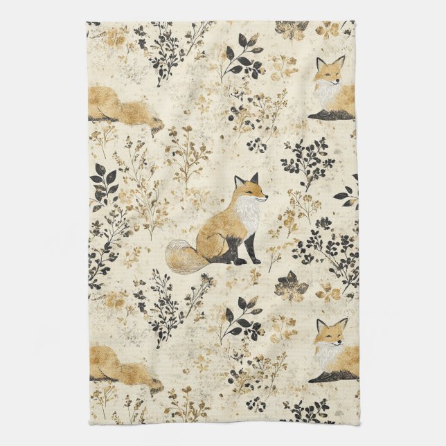 Luxury Black & Gold Botanical Fox Art (2) Tea Towel (Vertical)