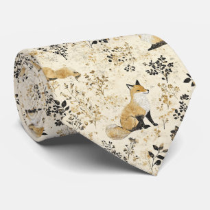 Luxury Black & Gold Botanical Fox Art (2) Tie